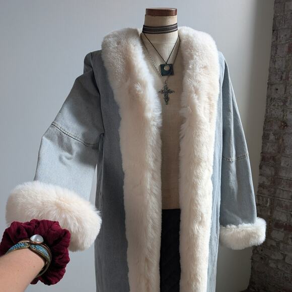 Y2K Faux Fur Penny Lane Afghan Coat Denim Trench Coat 90s Boho Jean Jacket Med - Picture 1 of 8